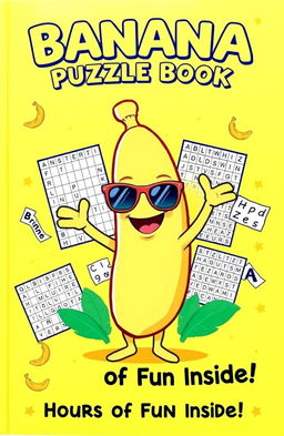 A vibrant and fun front cover for a banana-themed puzzle book featuring a cheerful cartoon banana mascot wearing sunglasses, smiling and standing triumphantly in the center