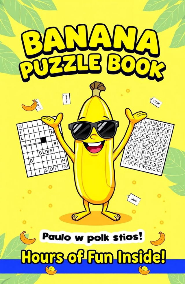 A vibrant and fun front cover for a banana-themed puzzle book featuring a cheerful cartoon banana mascot wearing sunglasses, smiling and standing triumphantly in the center