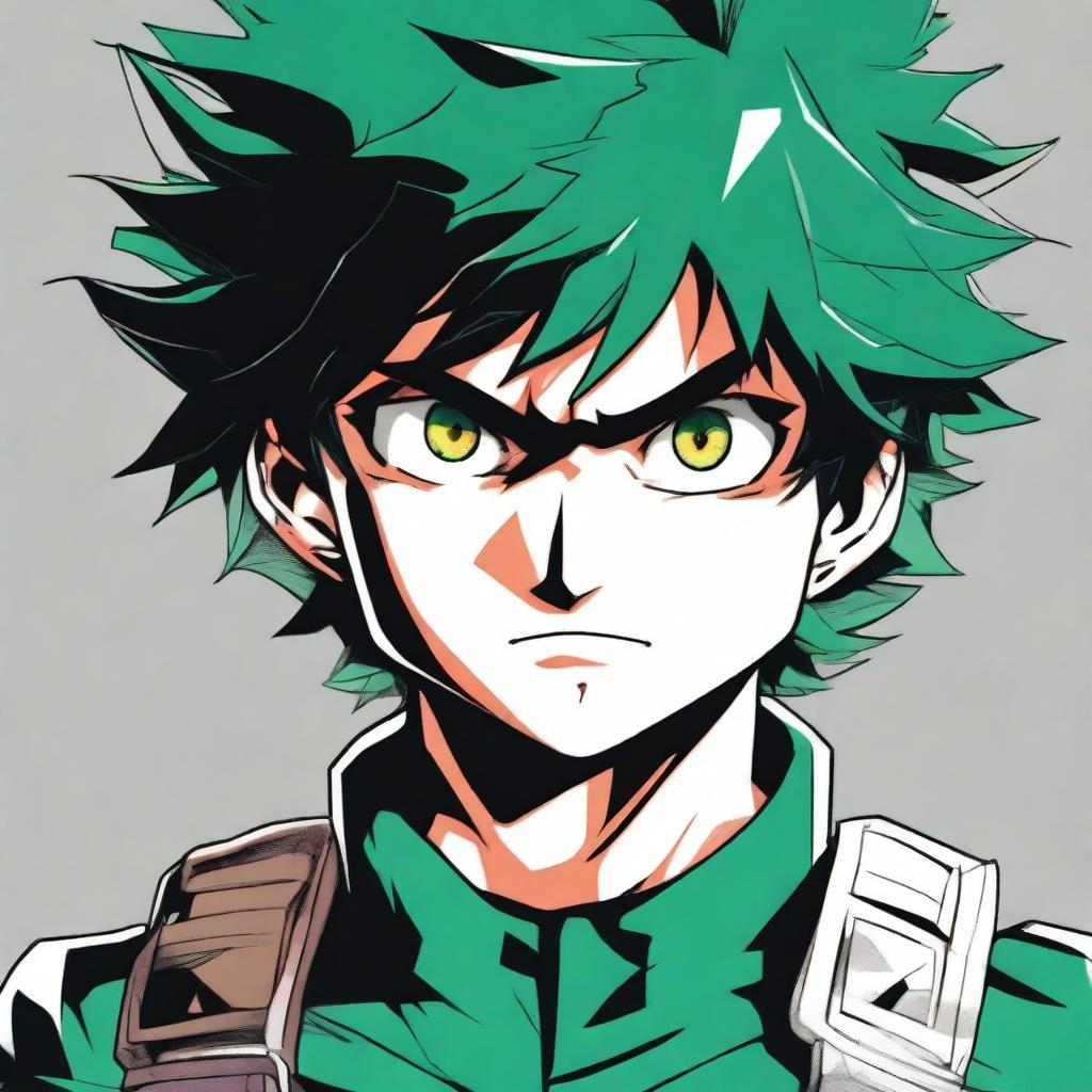 An epic and detailed portrait of Midoriya Izuku from My Hero Academia, showcasing his determination and heroism.