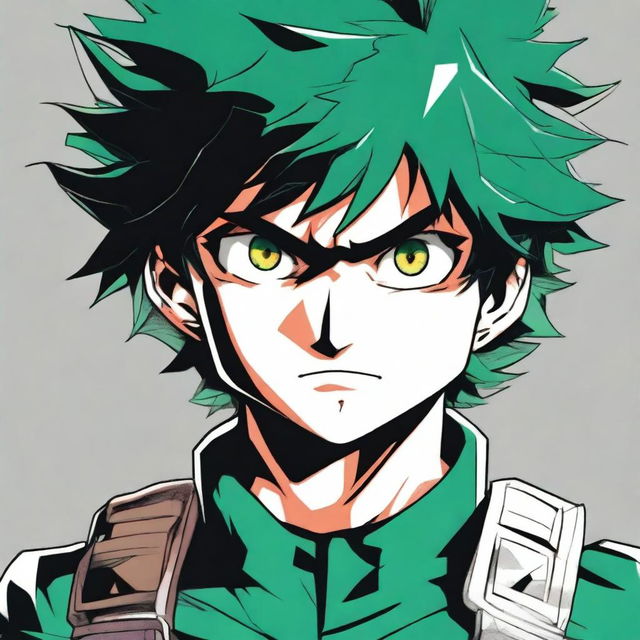 An epic and detailed portrait of Midoriya Izuku from My Hero Academia, showcasing his determination and heroism.