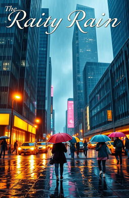 A captivating novel cover featuring a vibrant cityscape during rain