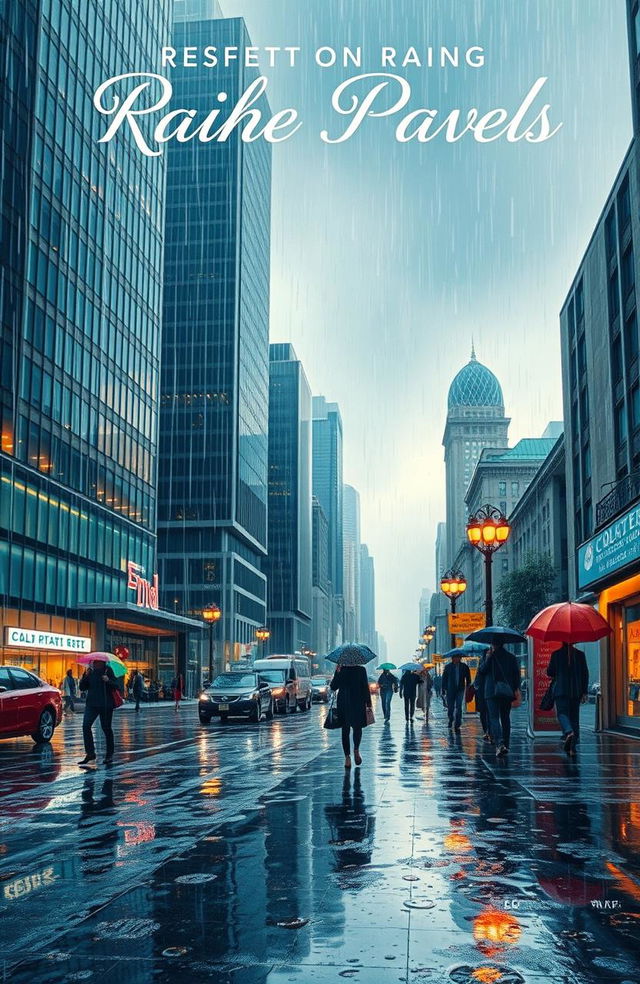 A captivating novel cover featuring a vibrant cityscape during rain