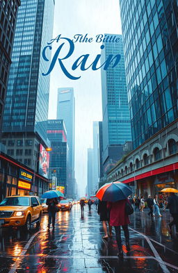 A captivating novel cover featuring a vibrant cityscape during rain