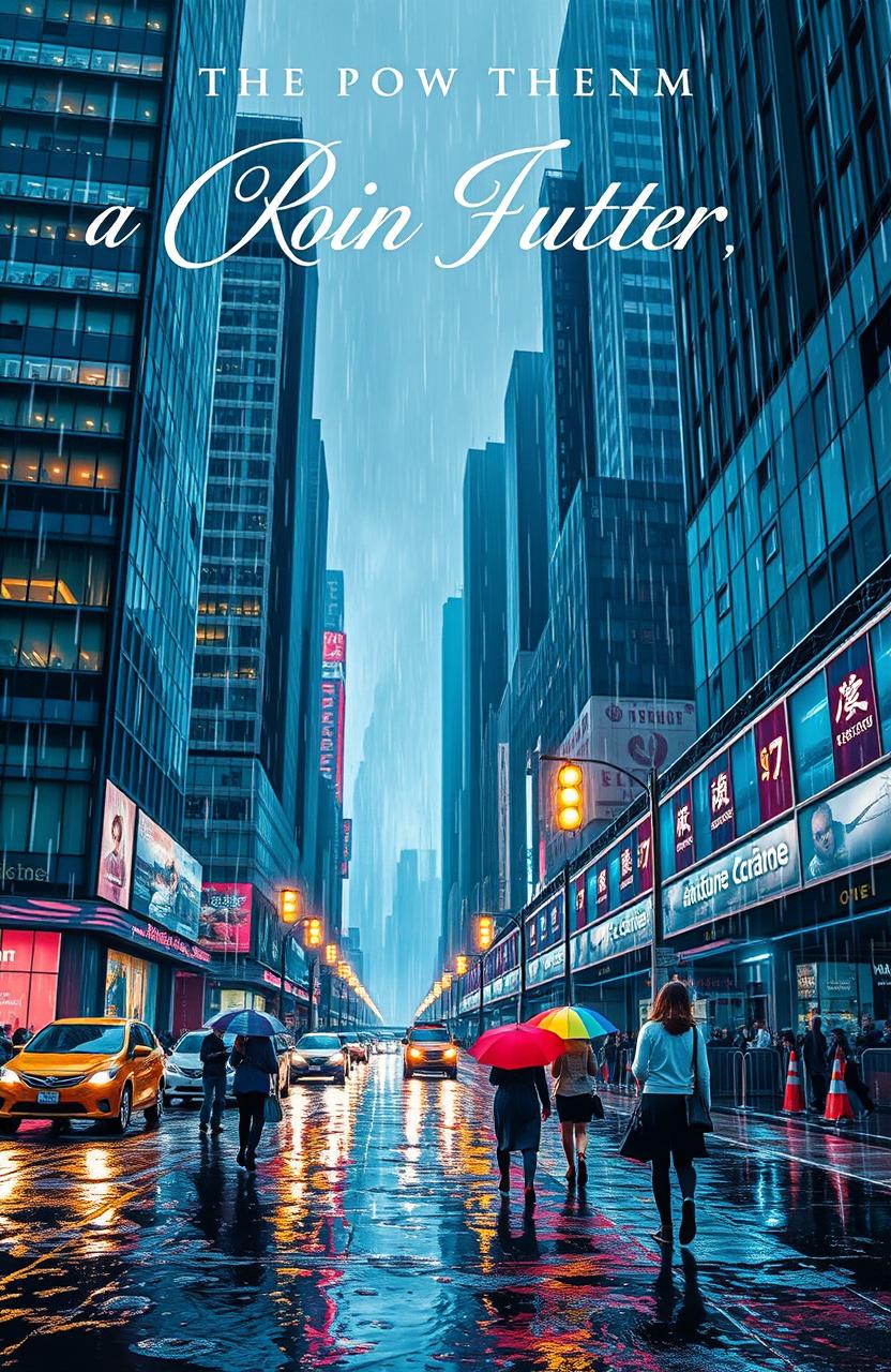 A captivating novel cover featuring a vibrant cityscape during rain