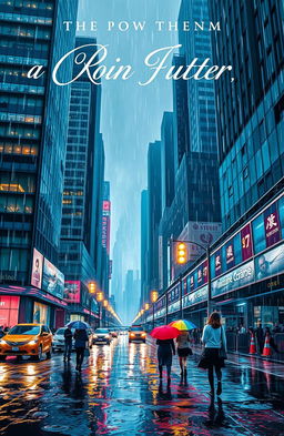 A captivating novel cover featuring a vibrant cityscape during rain