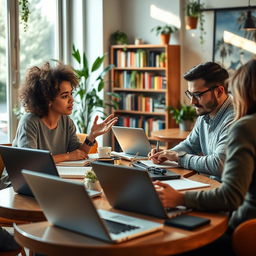 A modern writing scene depicting a diverse group of writers collaborating in a cozy coffee shop