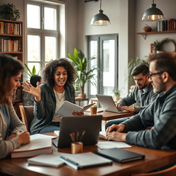 A modern writing scene depicting a diverse group of writers collaborating in a cozy coffee shop