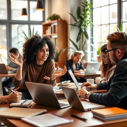 A modern writing scene depicting a diverse group of writers collaborating in a cozy coffee shop