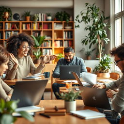 A modern writing scene depicting a diverse group of writers collaborating in a cozy coffee shop