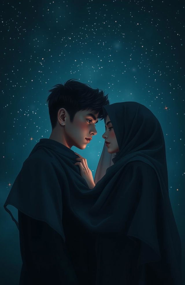 A dark romantic scene featuring two Muslim teenagers, a boy and a girl, standing close together under a night sky full of sparkling stars