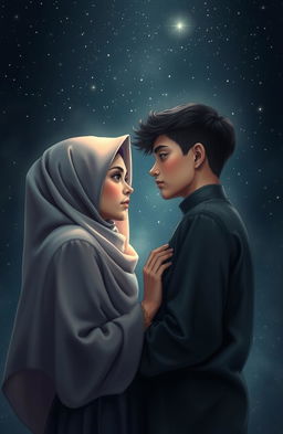 A dark romantic scene featuring two Muslim teenagers, a boy and a girl, standing close together under a night sky full of sparkling stars