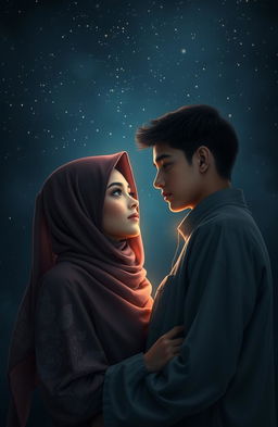 A dark romantic scene featuring two Muslim teenagers, a boy and a girl, standing close together under a night sky full of sparkling stars
