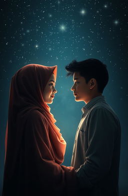 A dark romantic scene featuring two Muslim teenagers, a boy and a girl, standing close together under a night sky full of sparkling stars