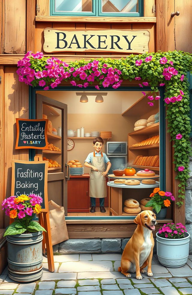 A charming and cozy scene depicting a small bakery, bakery shop with a warm and inviting atmosphere