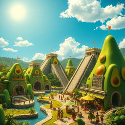A fantastical interpretation of the ancient city of Tenochtitlan, where all the architectural structures are creatively crafted from ripe, green avocados
