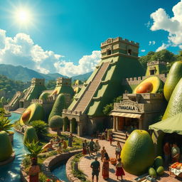 A fantastical interpretation of the ancient city of Tenochtitlan, where all the architectural structures are creatively crafted from ripe, green avocados