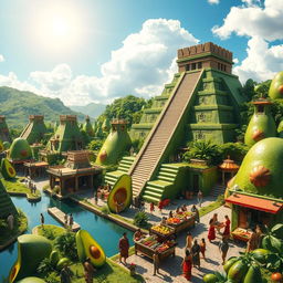 A fantastical interpretation of the ancient city of Tenochtitlan, where all the architectural structures are creatively crafted from ripe, green avocados