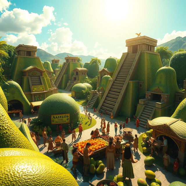 A fantastical interpretation of the ancient city of Tenochtitlan, where all the architectural structures are creatively crafted from ripe, green avocados