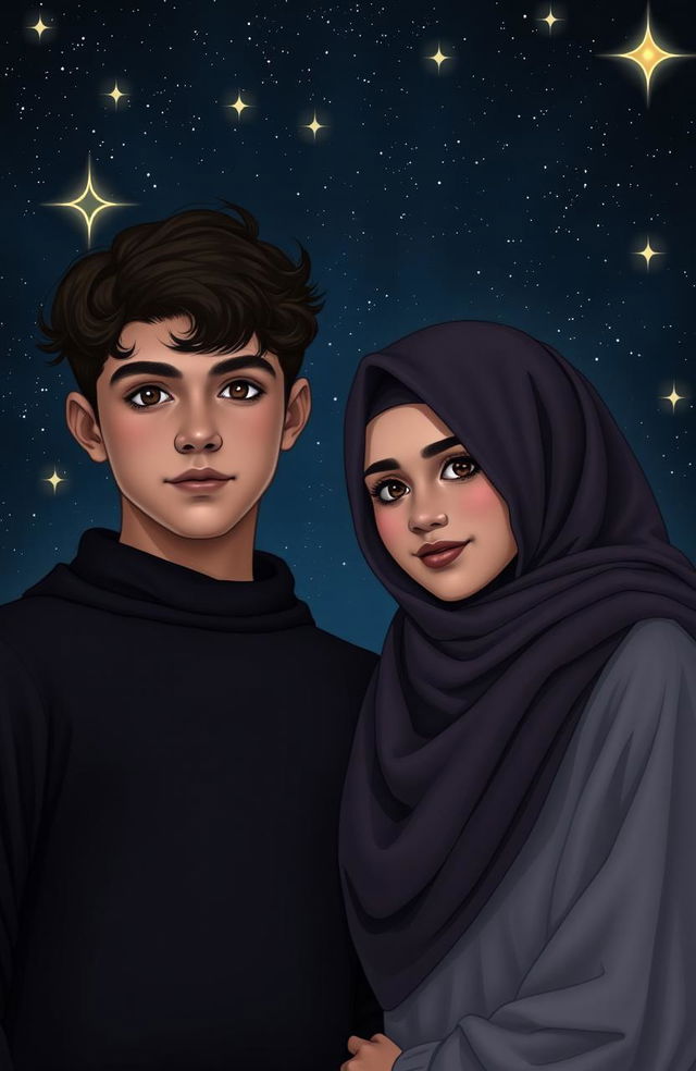 A dark romantic scene featuring two Muslim teenagers, a handsome boy and a beautiful girl, with a noticeable height difference