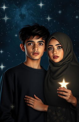 A dark romantic scene featuring two Muslim teenagers, a handsome boy and a beautiful girl, with a noticeable height difference