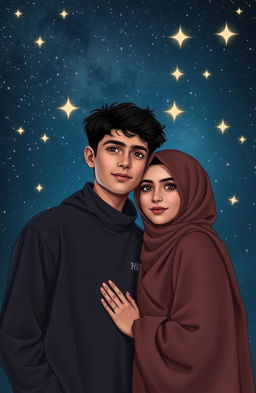 A dark romantic scene featuring two Muslim teenagers, a handsome boy and a beautiful girl, with a noticeable height difference