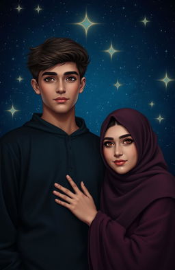 A dark romantic scene featuring two Muslim teenagers, a handsome boy and a beautiful girl, with a noticeable height difference