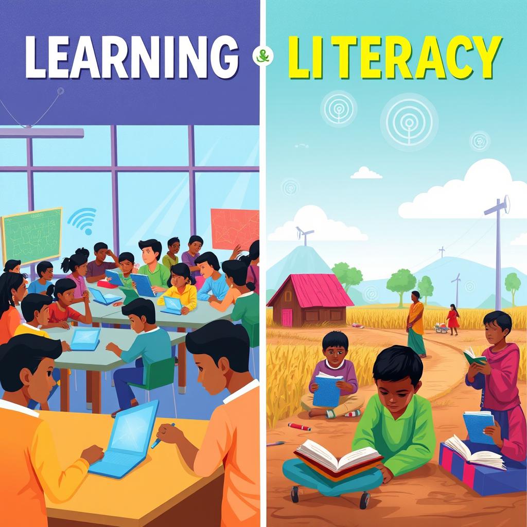 A visually informative illustration showing the concept of learning and literacy in the digital divide