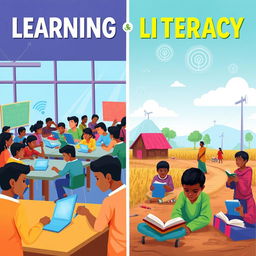 A visually informative illustration showing the concept of learning and literacy in the digital divide