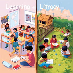 A visually informative illustration showing the concept of learning and literacy in the digital divide