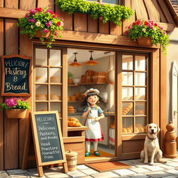 A charming and cozy scene depicting a small bakery, with a young girl as the baker, radiating joy and warmth