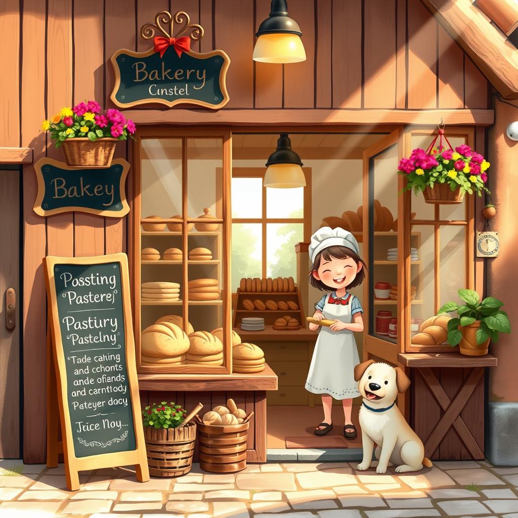 A charming and cozy scene depicting a small bakery, with a young girl as the baker, radiating joy and warmth