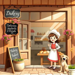 A charming and cozy scene depicting a small bakery, with a young girl as the baker, radiating joy and warmth