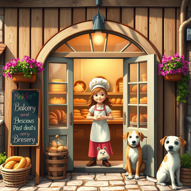 A charming and cozy scene depicting a small bakery, with a young girl as the baker, radiating joy and warmth