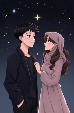 A dark romantic scene featuring two Muslim teenagers, a handsome boy and a beautiful girl, with distinct height difference