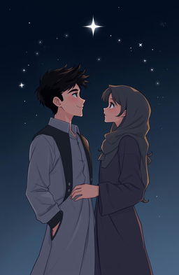 A dark romantic scene featuring two Muslim teenagers, a handsome boy and a beautiful girl, with distinct height difference