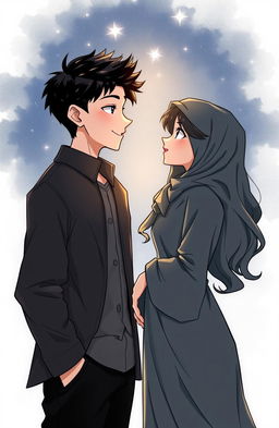 A dark romantic scene featuring two Muslim teenagers, a handsome boy and a beautiful girl, with distinct height difference