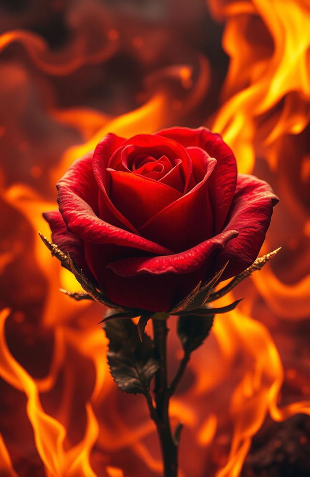 A stunning and dramatic scene featuring a beautifully detailed rose at the center, surrounded by vibrant flames and glowing embers