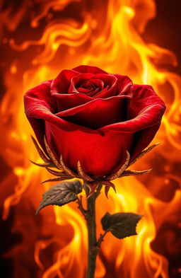 A stunning and dramatic scene featuring a beautifully detailed rose at the center, surrounded by vibrant flames and glowing embers