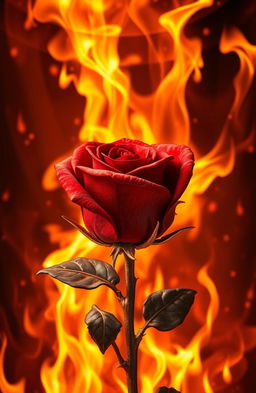 A stunning and dramatic scene featuring a beautifully detailed rose at the center, surrounded by vibrant flames and glowing embers