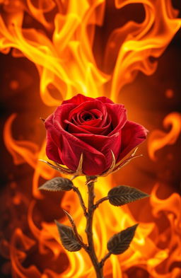 A stunning and dramatic scene featuring a beautifully detailed rose at the center, surrounded by vibrant flames and glowing embers