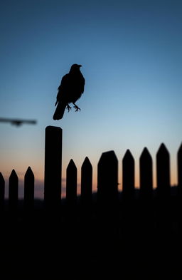A shadow of a wooden picket fence casting long shadows, with a single crow perched on top, silhouetted against a twilight sky