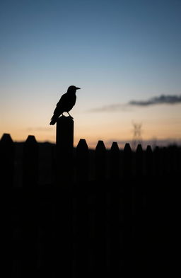 A shadow of a wooden picket fence casting long shadows, with a single crow perched on top, silhouetted against a twilight sky