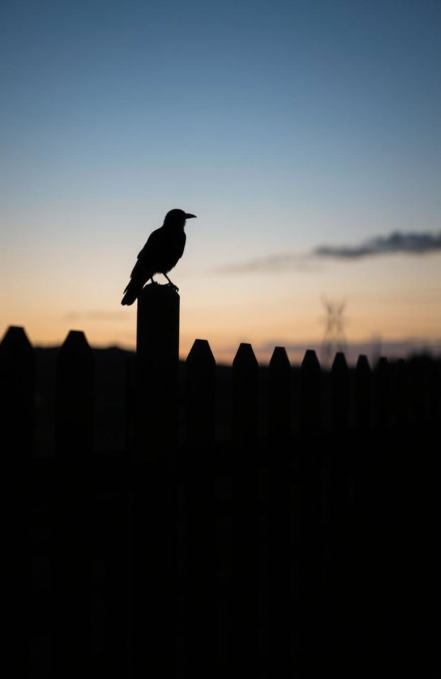 A shadow of a wooden picket fence casting long shadows, with a single crow perched on top, silhouetted against a twilight sky