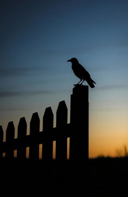 A shadow of a wooden picket fence casting long shadows, with a single crow perched on top, silhouetted against a twilight sky