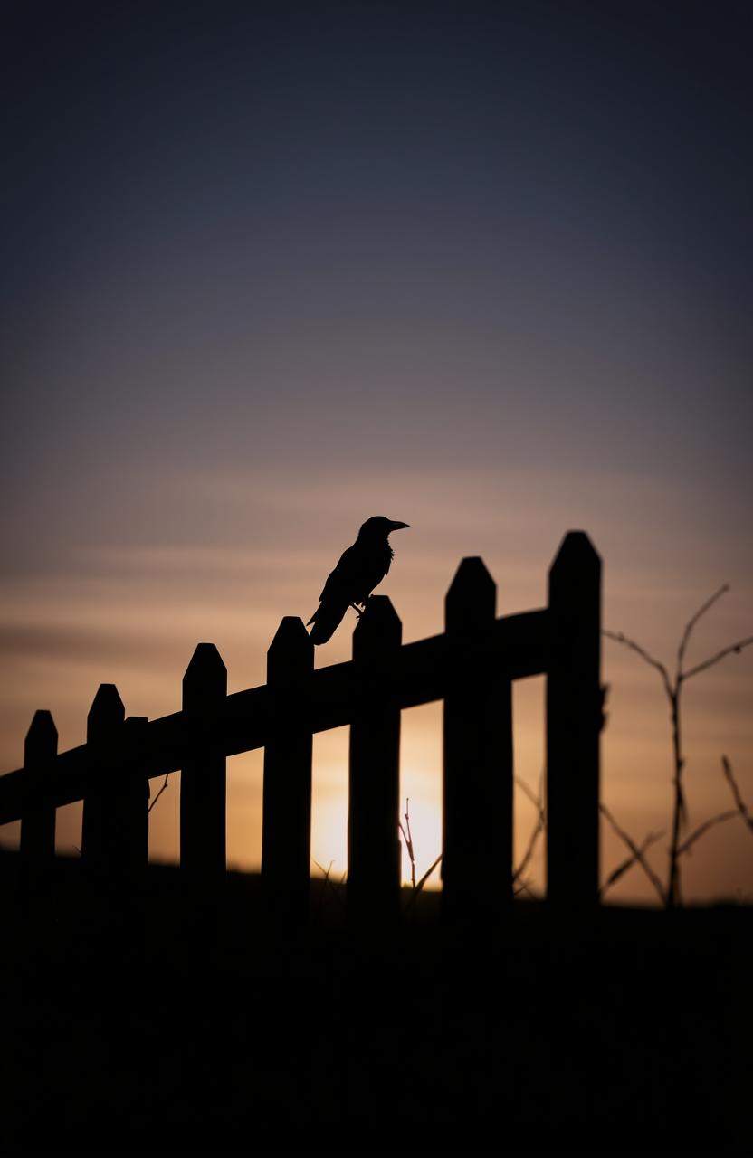 A shadow of a wooden picket fence casting long shadows, with a single crow perched on top, silhouetted against a twilight sky