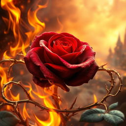 A captivating fantasy scene that features a stunning rose at the center, surrounded by blazing fire and intricate gold thorns