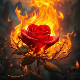 A captivating fantasy scene that features a stunning rose at the center, surrounded by blazing fire and intricate gold thorns