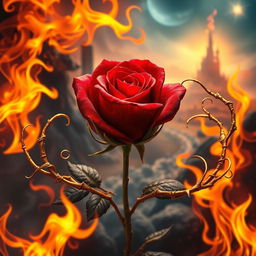 A captivating fantasy scene that features a stunning rose at the center, surrounded by blazing fire and intricate gold thorns