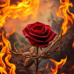 A captivating fantasy scene that features a stunning rose at the center, surrounded by blazing fire and intricate gold thorns