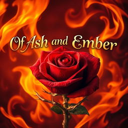 An enchanting and visually striking scene featuring a deep crimson rose at the center, surrounded by swirling flames of vibrant orange and yellow